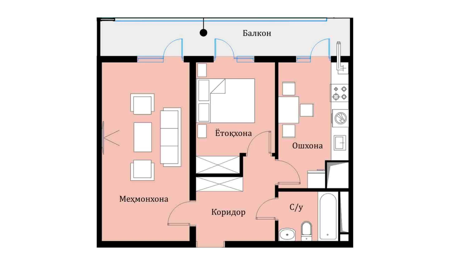 2-xonali xonadon 51.89 m²  2/16 qavat | SOKIN DIYOR Turar-joy majmuasi