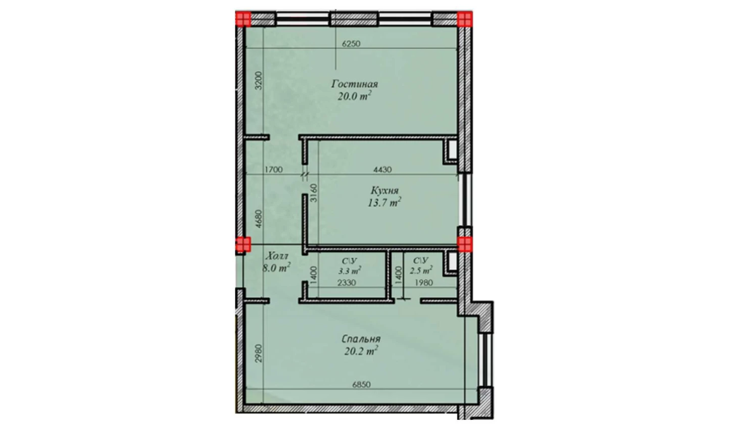 2-xonali xonadon 67.7 m²  4/4 qavat