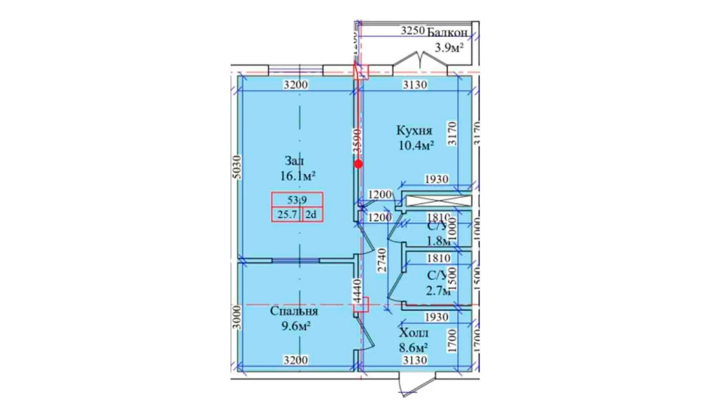 2-xonali xonadon 53.9 m²  8/8 qavat