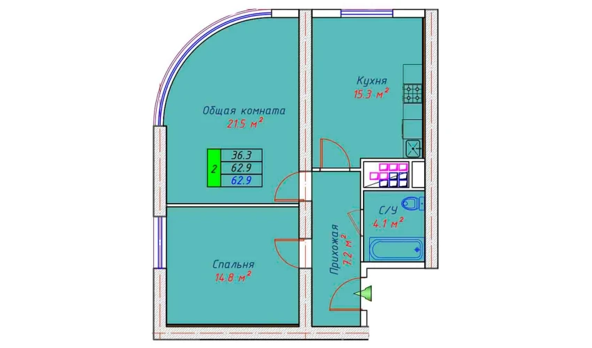 2-xonali xonadon 62.9 m²  12/30 qavat | ECO TOWER Turar-joy majmuasi