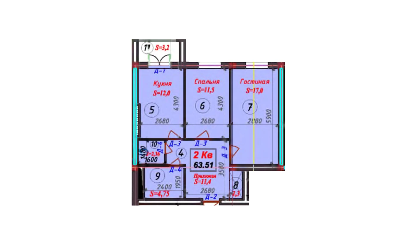 2-xonali xonadon 63.61 m²  6/6 qavat