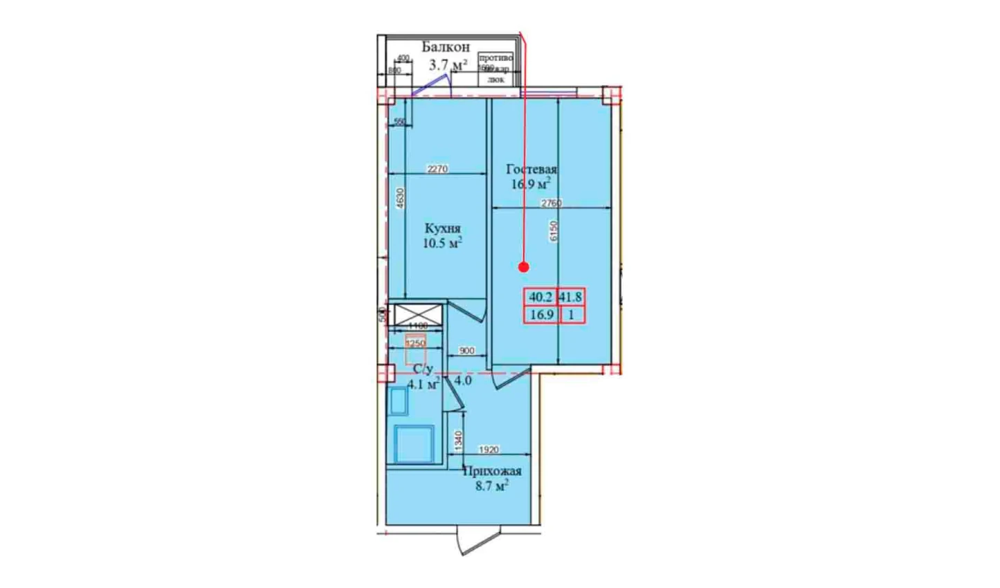 1-комнатная квартира 41.8 м²  4/4 этаж