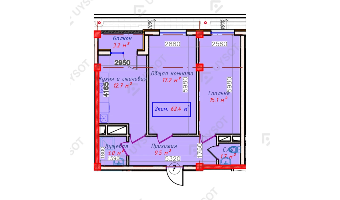 2-xonali xonadon 62.4 m²  8/8 qavat