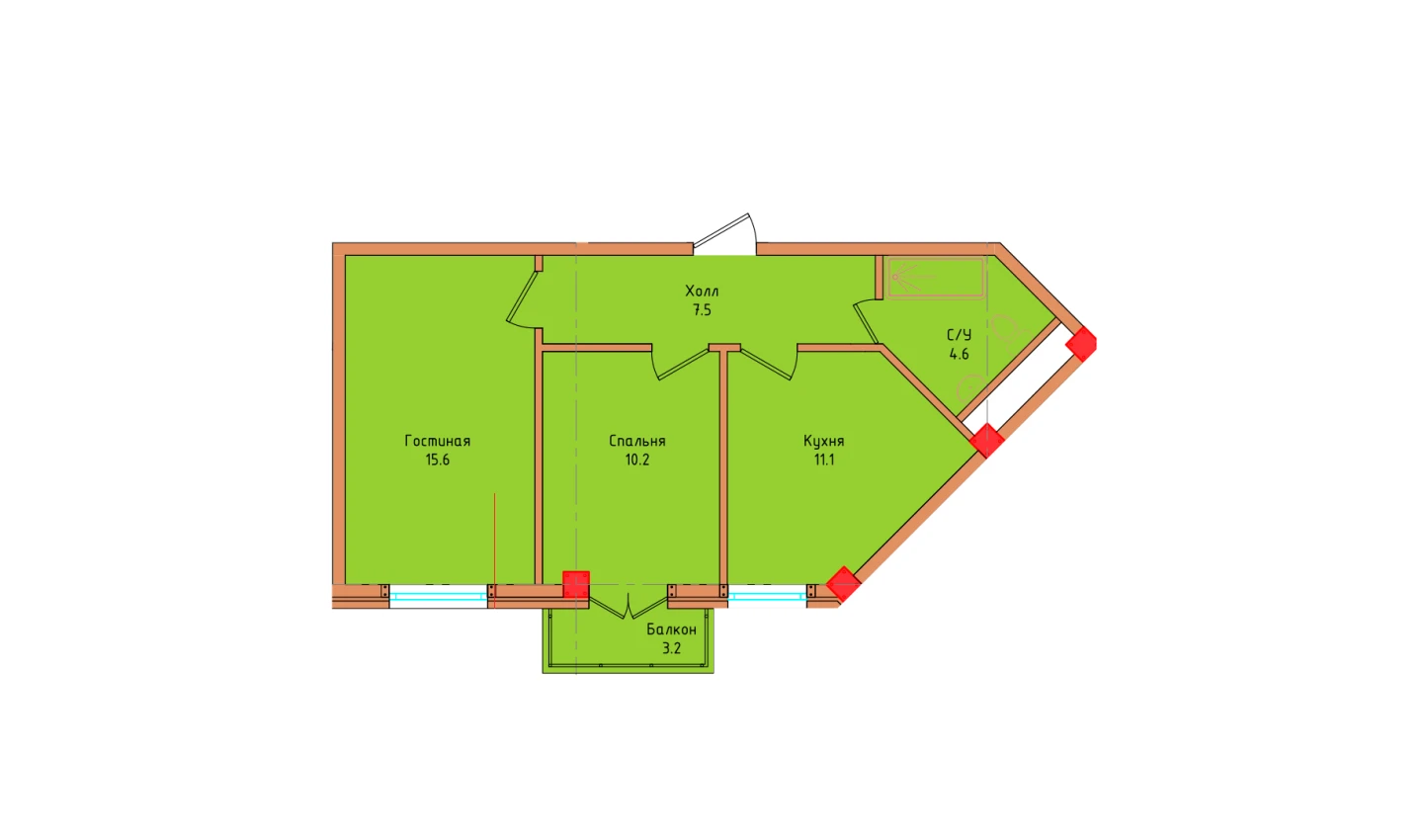 2-комнатная квартира 50.07 м²  3/3 этаж