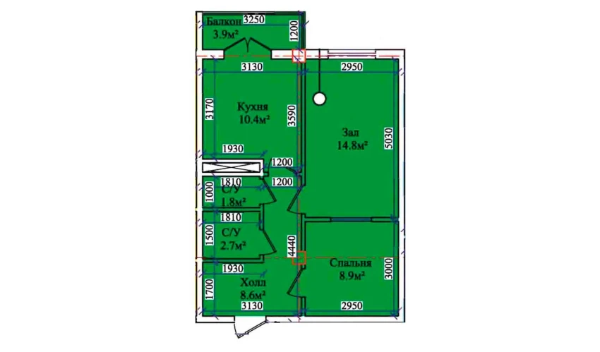 2-xonali xonadon 50.7 m²  5/9 qavat | CHIRCHIQ CITY Turar-joy majmuasi