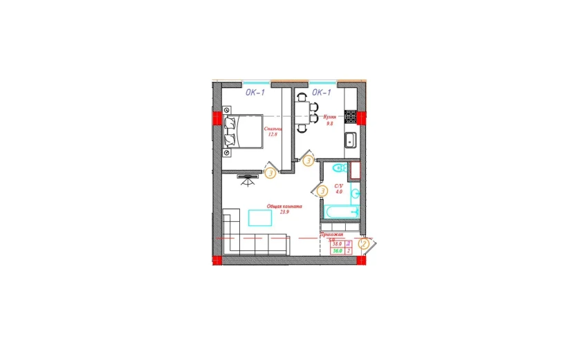 2-xonali xonadon 58 m²  2/12 qavat | CHINARA PARK Turar-joy majmuasi