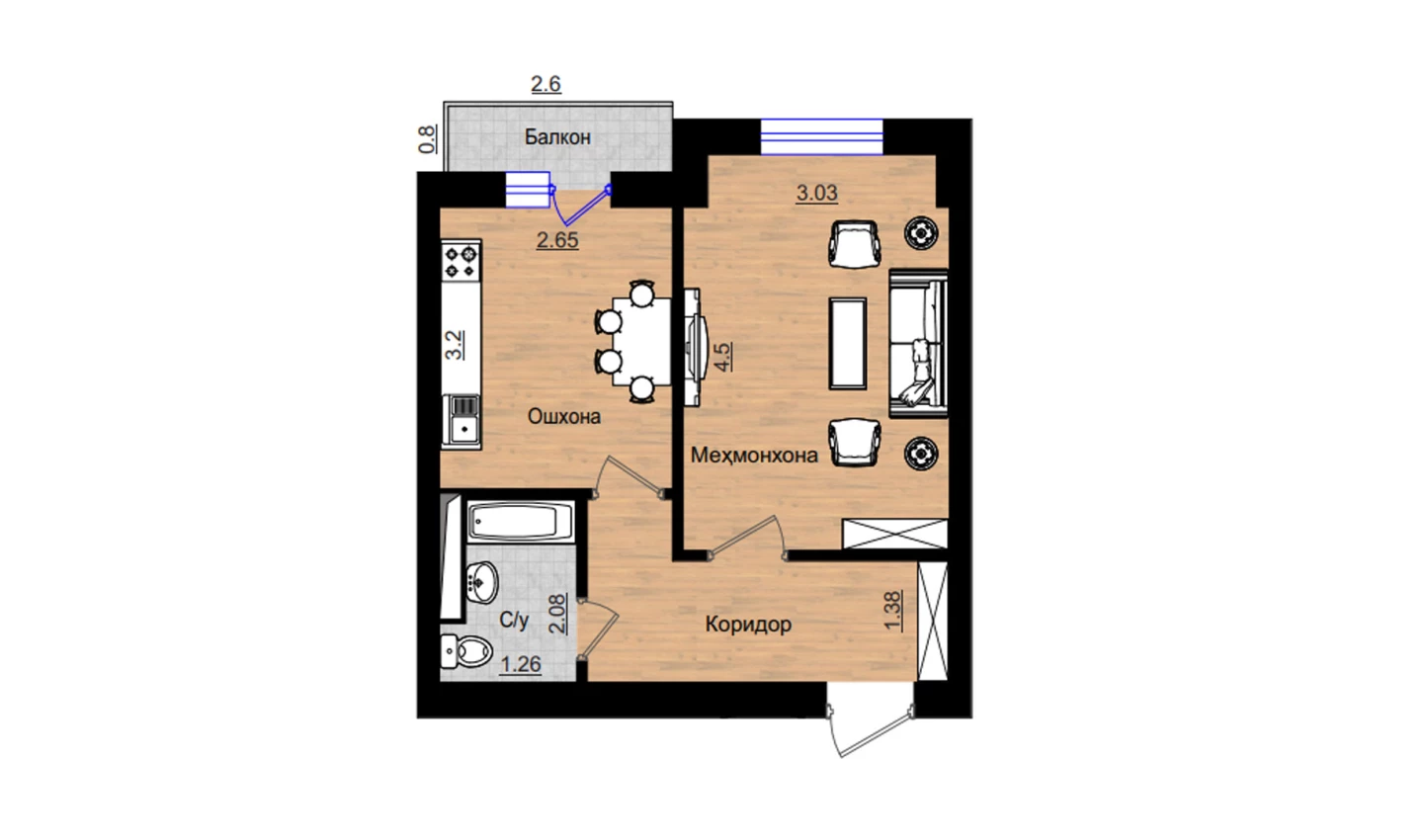 1-комнатная квартира 38.47 м²  3/3 этаж