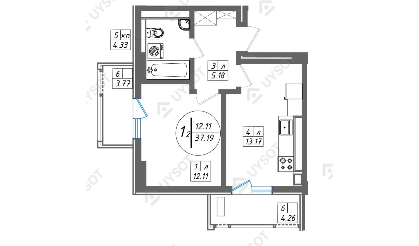 1-комнатная квартира 37.19 м²  4/4 этаж