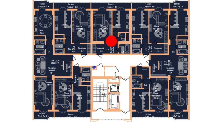 1-комнатная квартира 45.6 м²  5/5 этаж