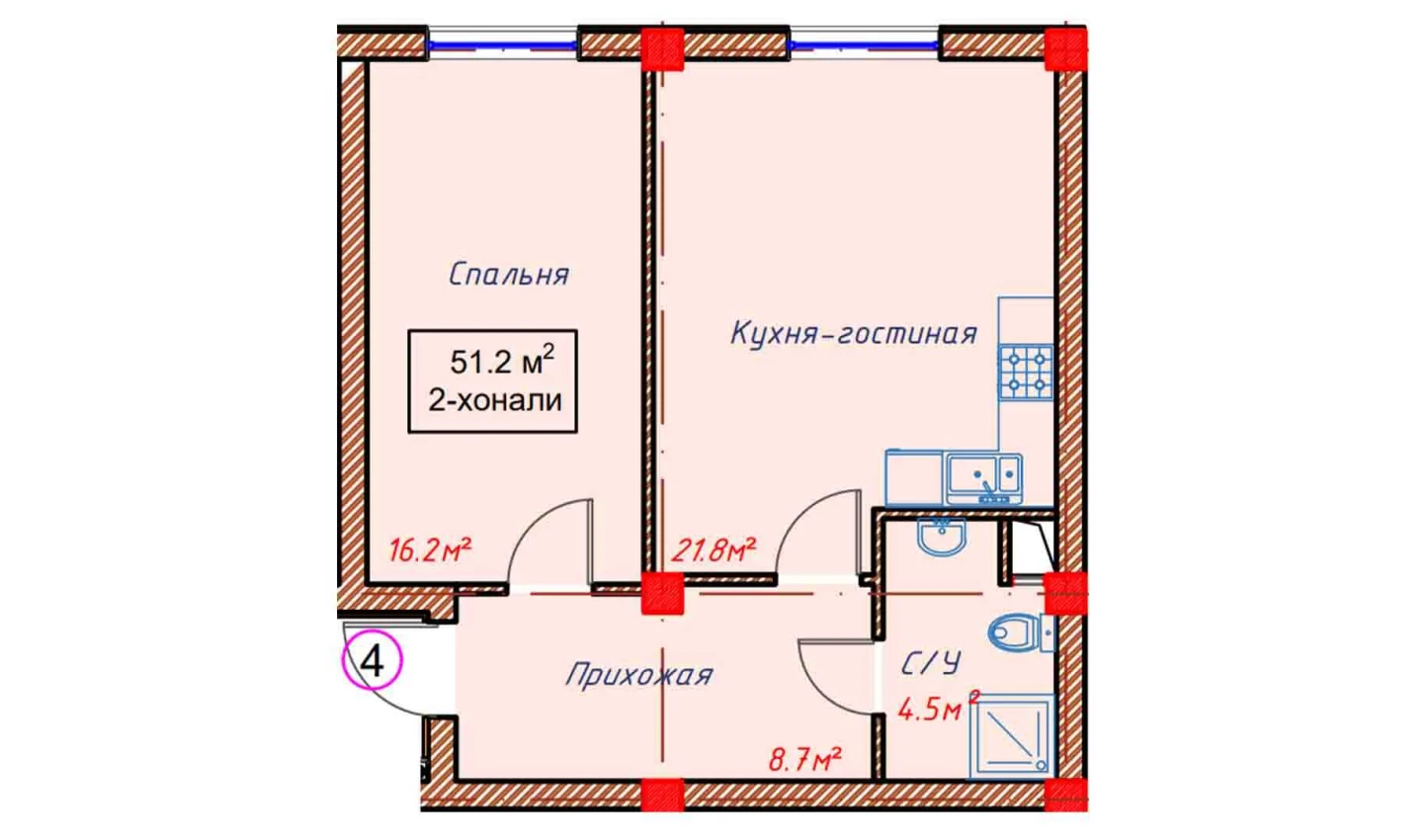 2-комнатная квартира 51.2 м²  1/1 этаж