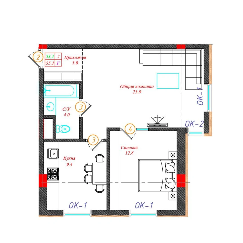 2-комн. квартира 55.1 м²  1/5 этаж | Жилой комплекс CHINARA PARK