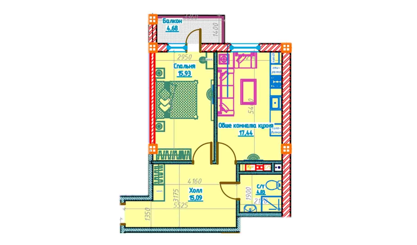 2-комнатная квартира 52.49 м²  4/4 этаж