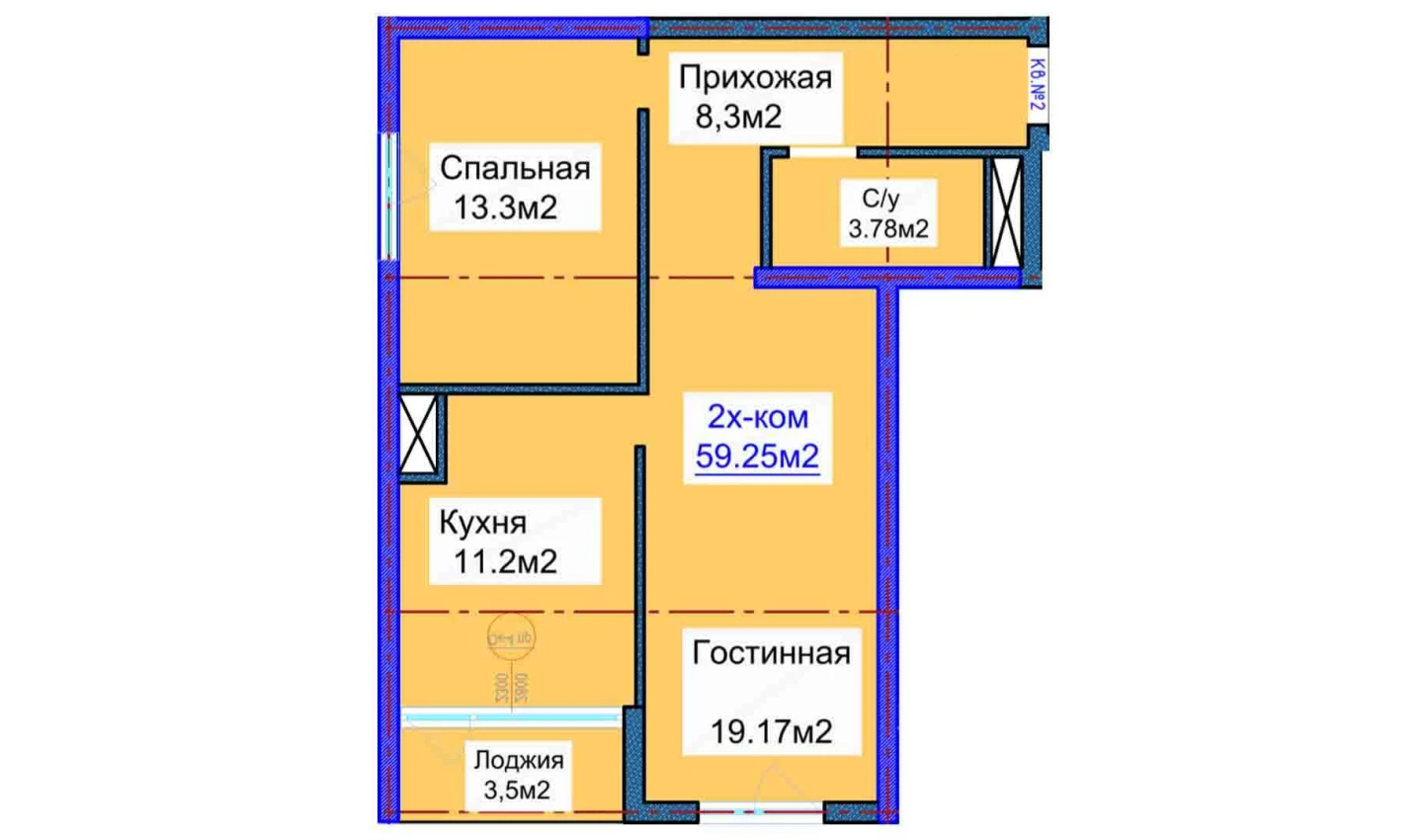 2-xonali xonadon 59.25 m²  14/14 qavat