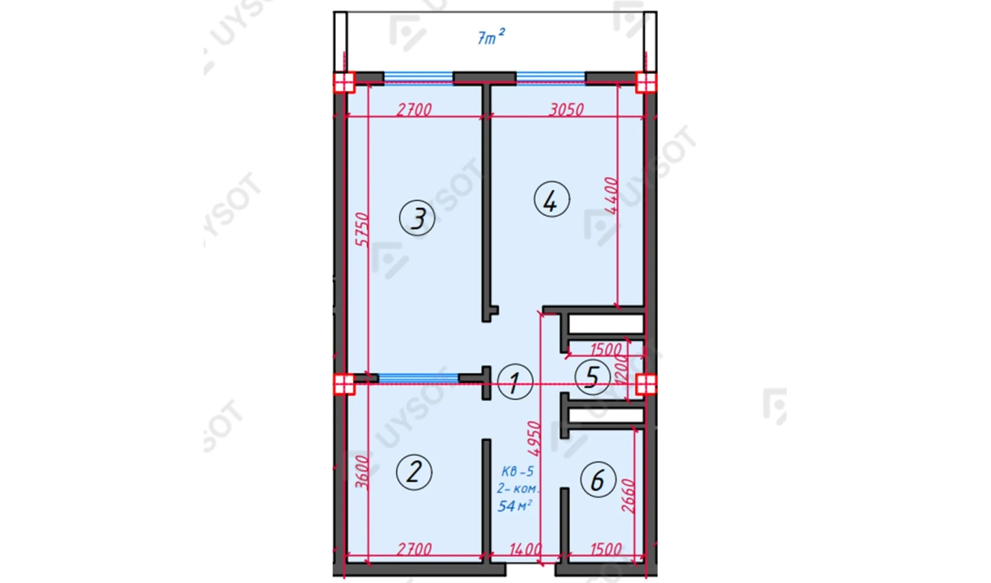 2-комнатная квартира 54 м²  11/11 этаж