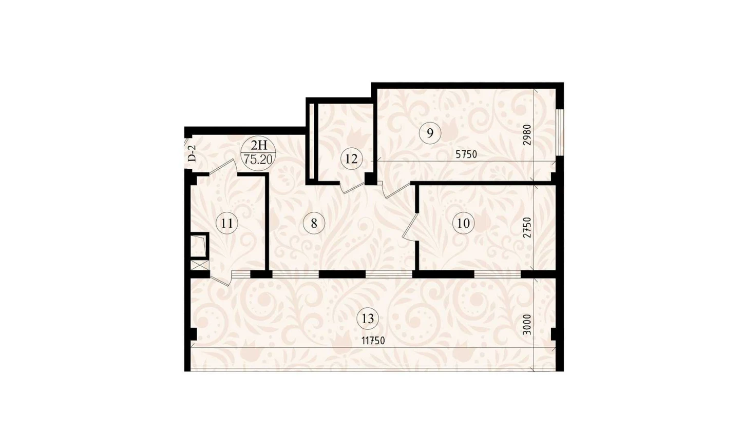 2-комнатная квартира 75.2 м²  8/8 этаж