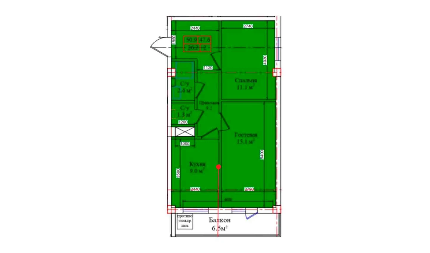 2-комнатная квартира 50.9 м²  3/3 этаж