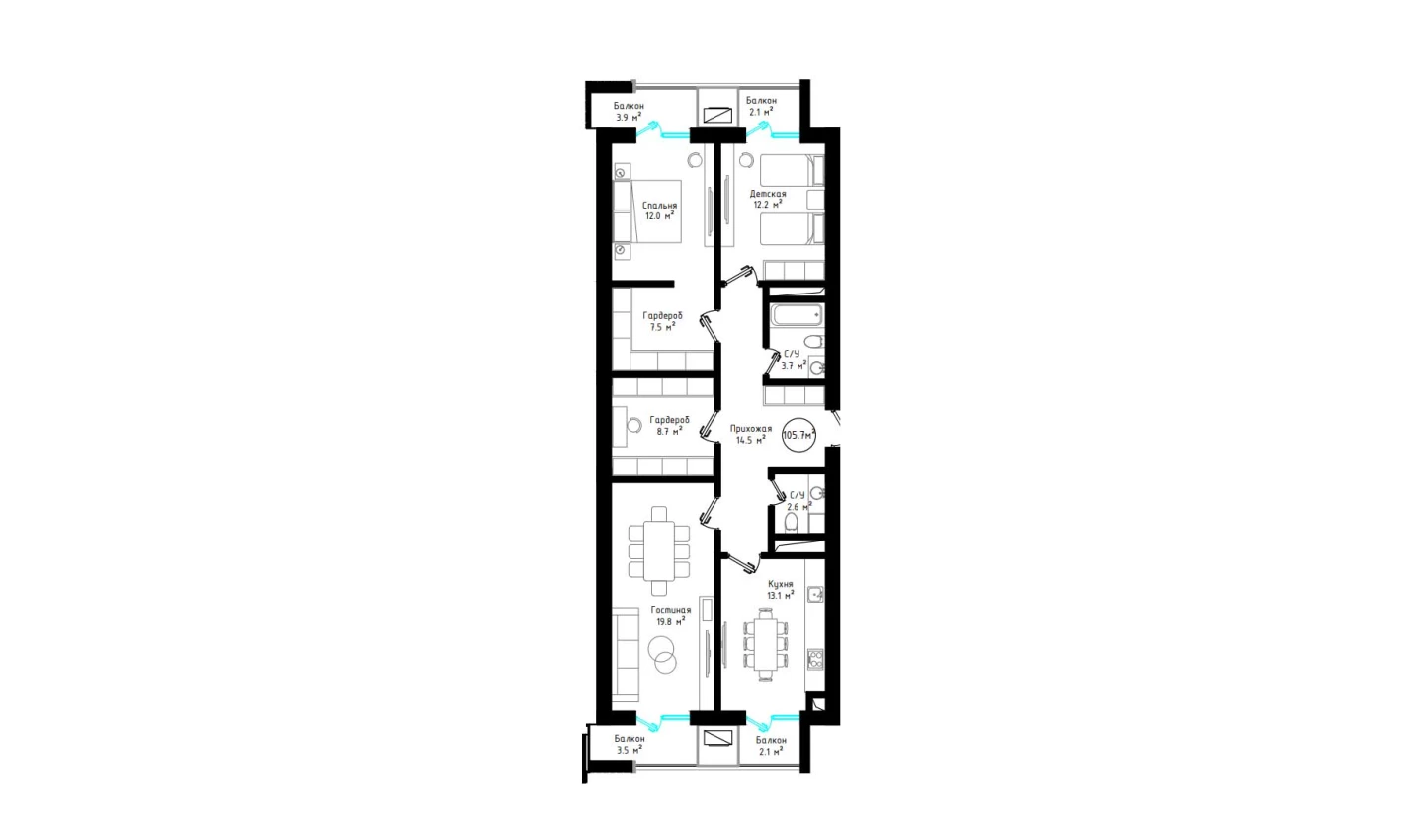 3-xonali xonadon 105.7 m²  4/4 qavat