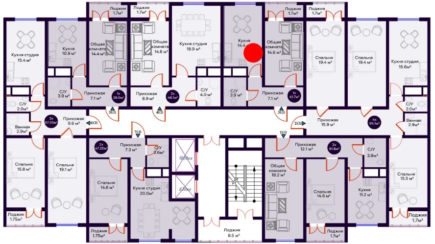 1-комнатная квартира 41.7 м²  6/6 этаж