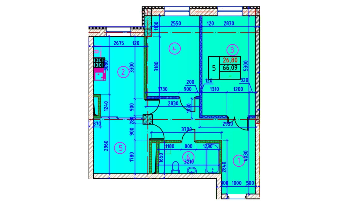 2-комнатная квартира 66.09 м²  1/1 этаж