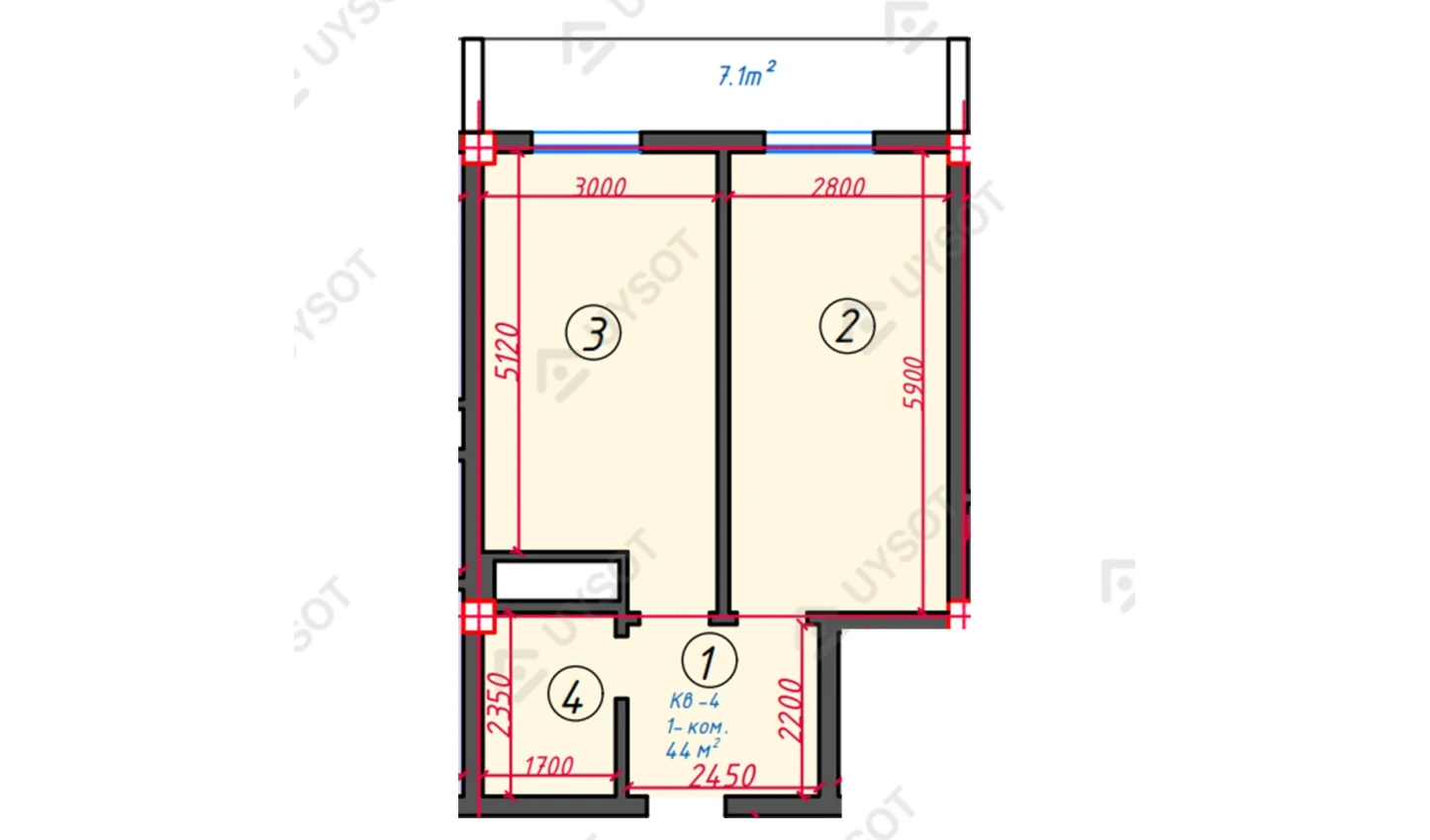 1-xonali xonadon 44 m²  14/14 qavat