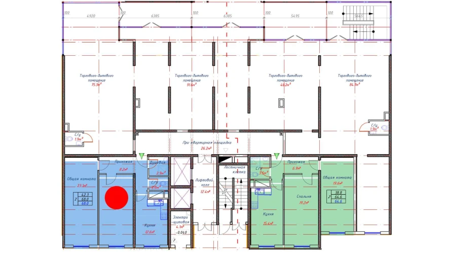 2-комнатная квартира 68 м²  1/1 этаж