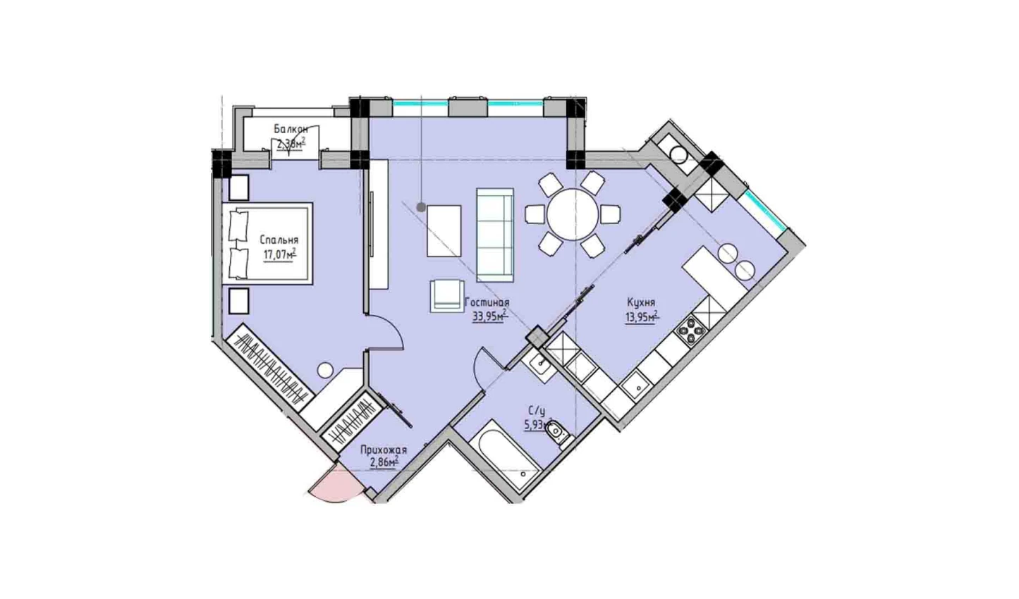 2-комнатная квартира 77.14 м²  3/3 этаж