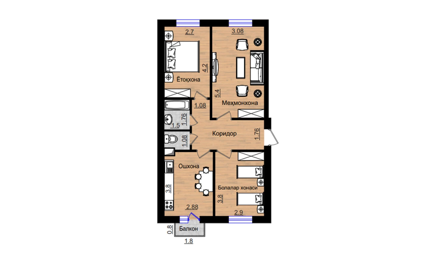 3-комнатная квартира 74.08 м²  3/3 этаж