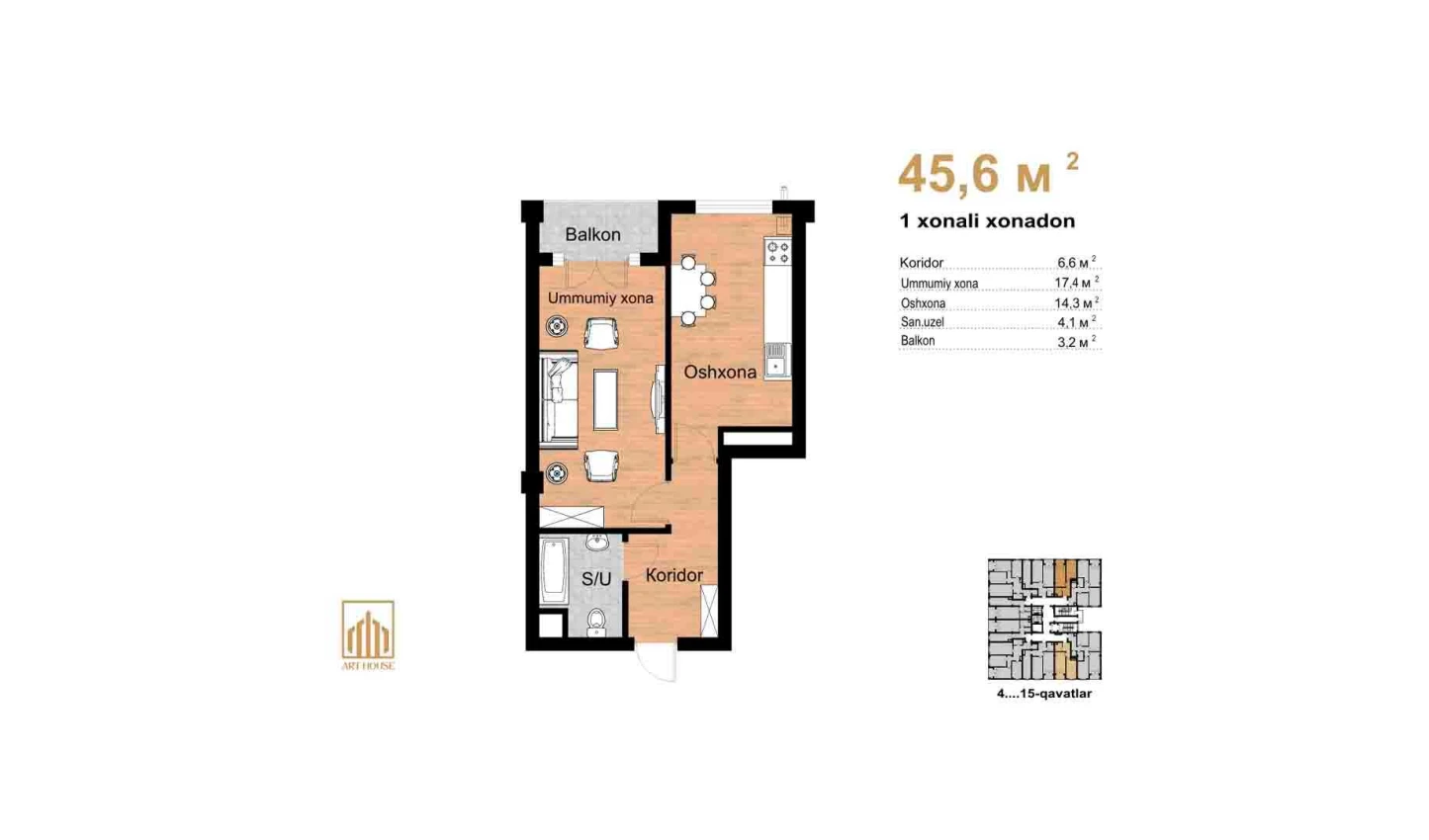 1-xonali xonadon 45.6 m²  10/10 qavat