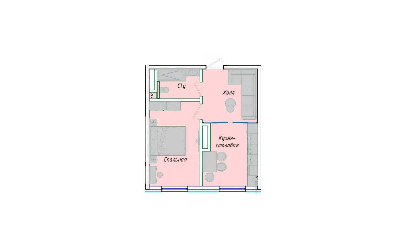 1-комнатная квартира 39.02 м²  1/1 этаж