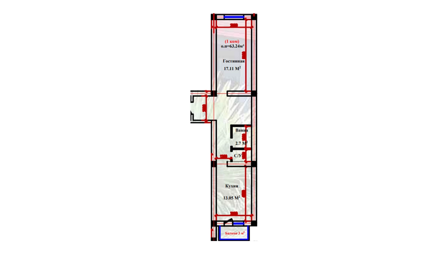 1-xonali xonadon 63.24 m²  2-9/2-9 qavat