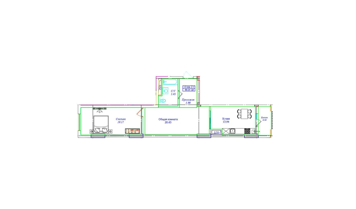 2-комнатная квартира 69.23 м²  3/3 этаж