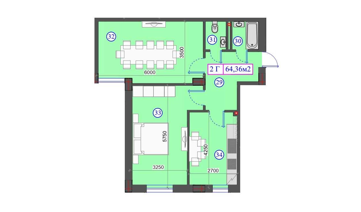 2-xonali xonadon 64.36 m²  0/0 qavat