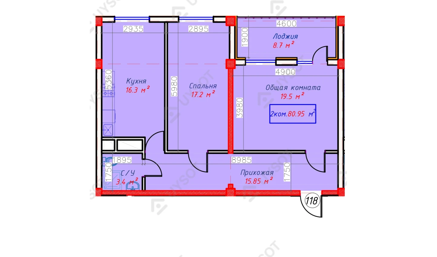 2-комнатная квартира 80.95 м²  9/9 этаж