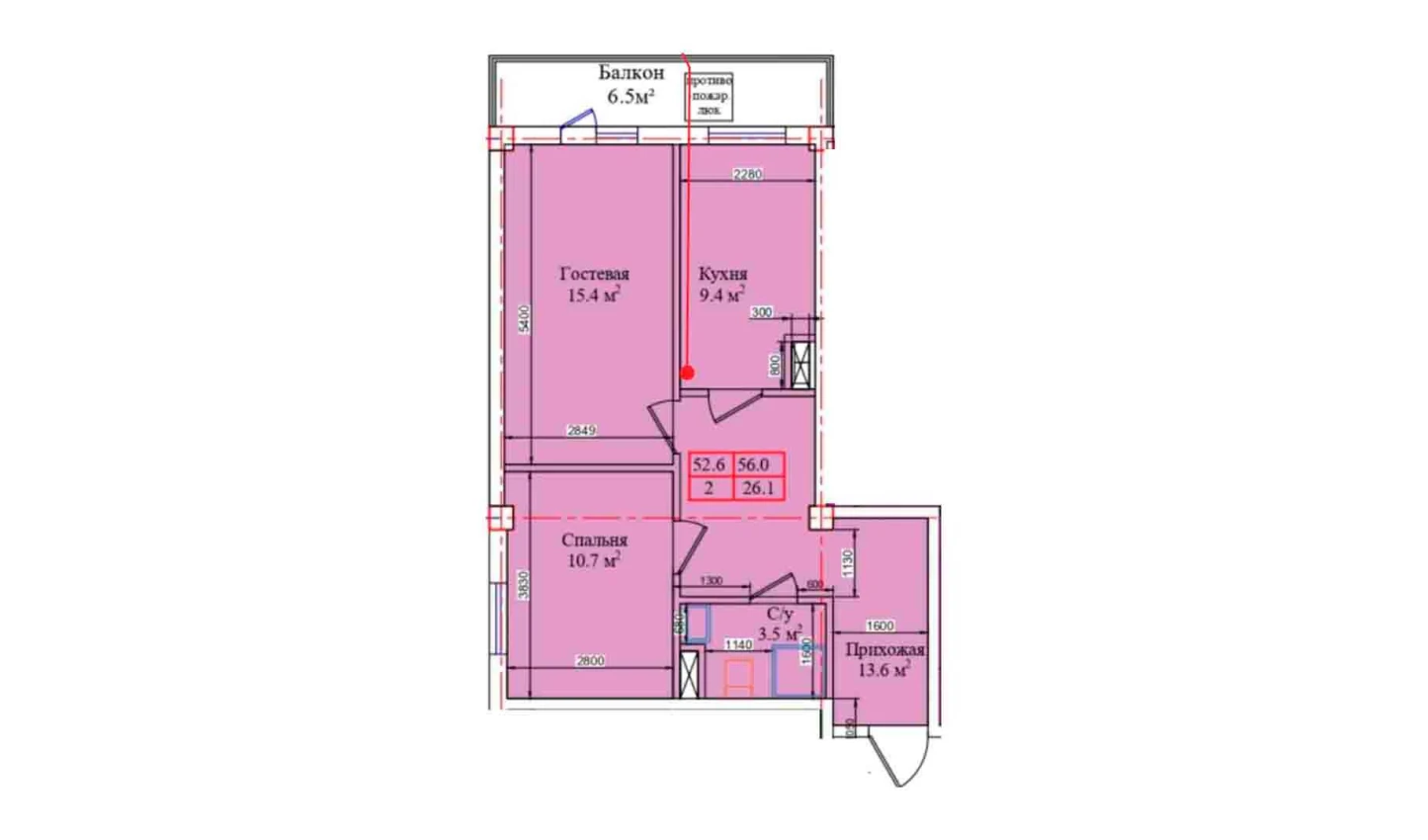 2-комнатная квартира 56 м²  3/3 этаж