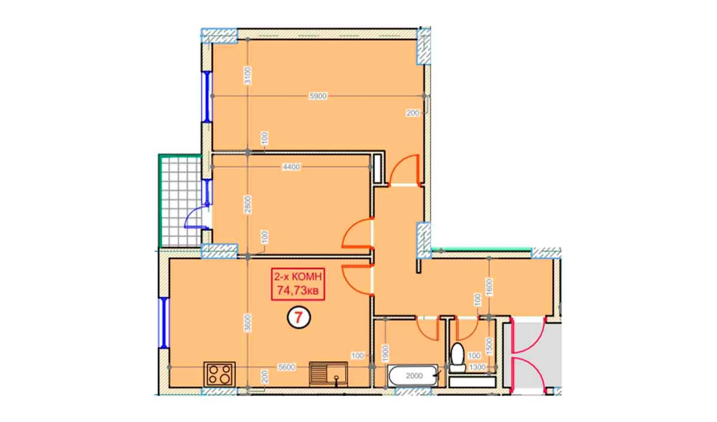 2-комнатная квартира 74.73 м²  5/5 этаж