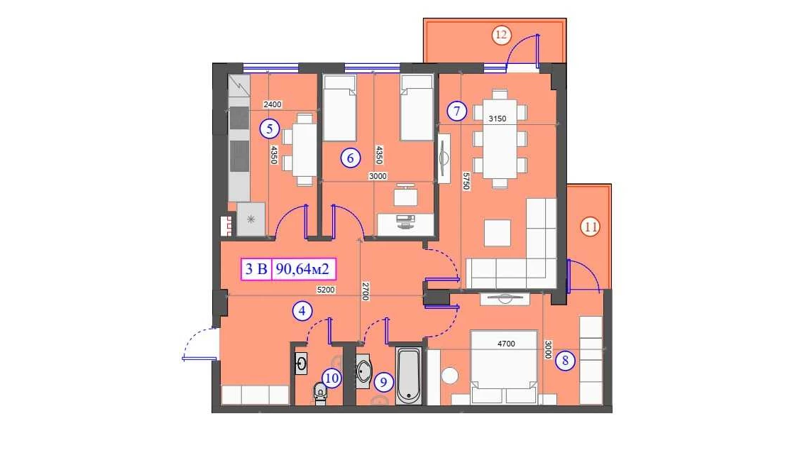 3-комнатная квартира 90.64 м²  2/2 этаж