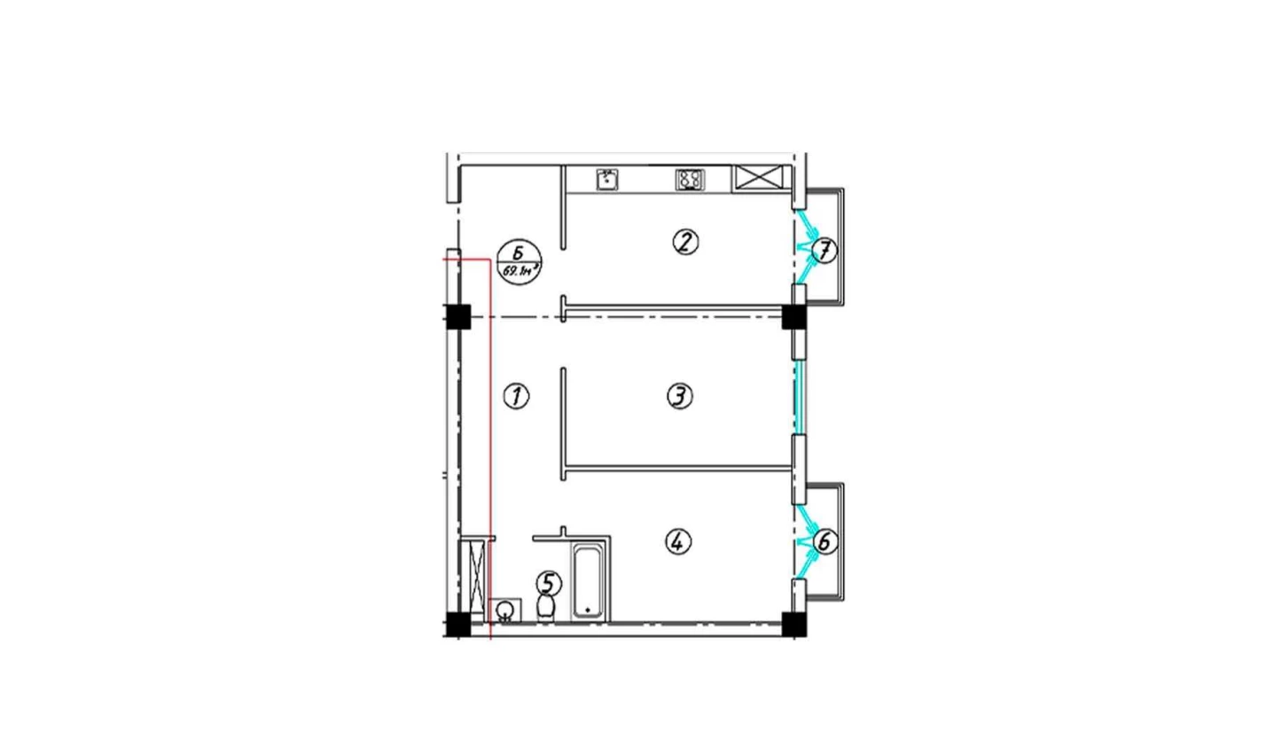 3-комнатная квартира 69.1 м²  12/12 этаж