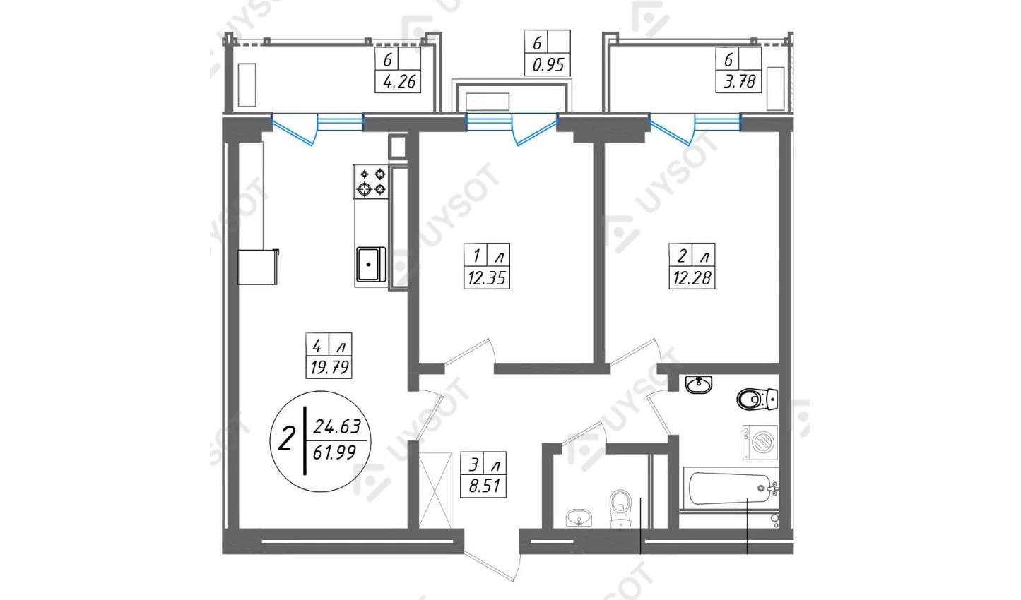 2-комнатная квартира 61.99 м²  6/6 этаж