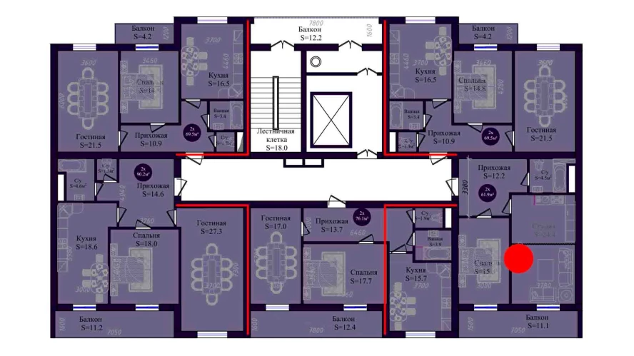 2-комнатная квартира 90.2 м²  8/8 этаж