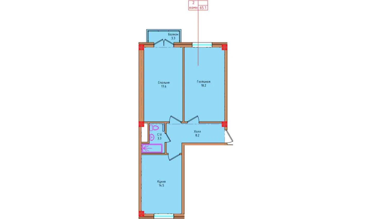 2-комнатная квартира 62.9 м²  7/7 этаж