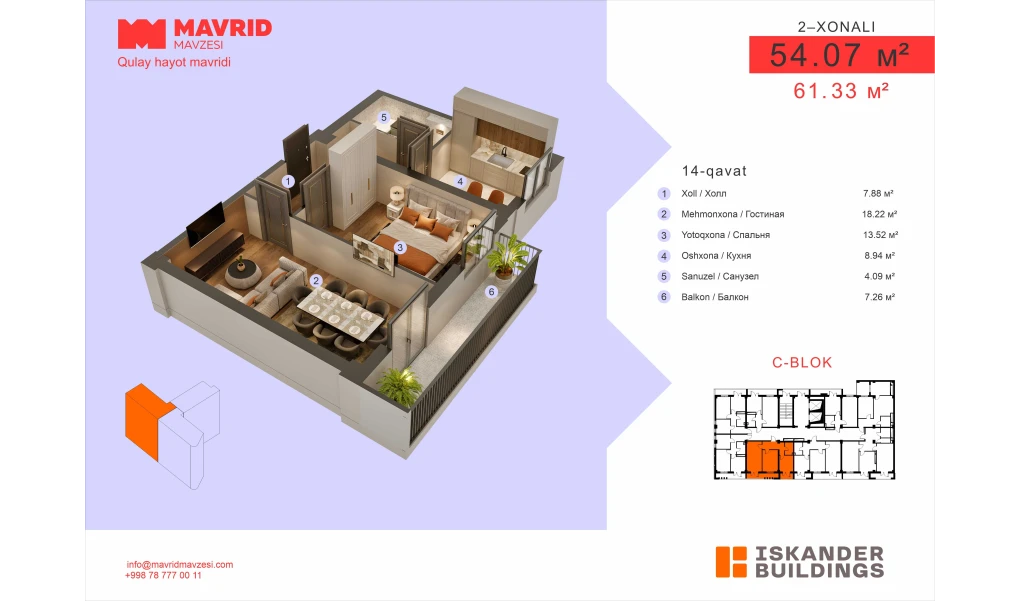 2-комнатная квартира 54.07 м²  14/14 этаж