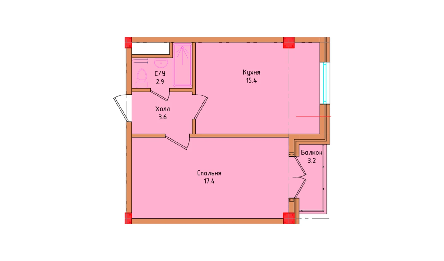 1-комнатная квартира 40.37 м²  6/6 этаж