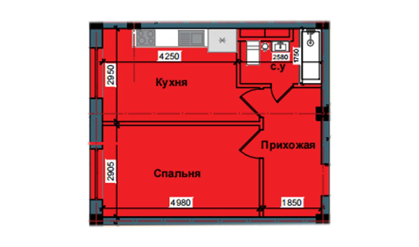 1-комнатная квартира 41.4 м²  1/1 этаж