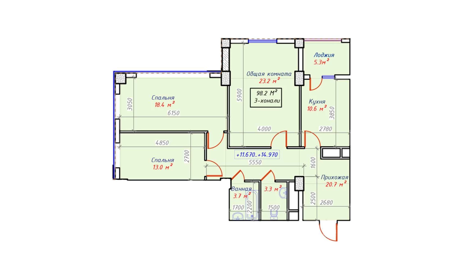 3-xonali xonadon 98.2 m²  14/14 qavat