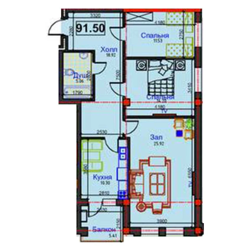 3-комнатная квартира 91.5 м²  6/6 этаж