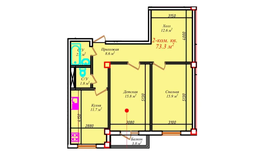 2-xonali xonadon 73.3 m²  6/7 qavat | CHIRCHIQ CITY Turar-joy majmuasi