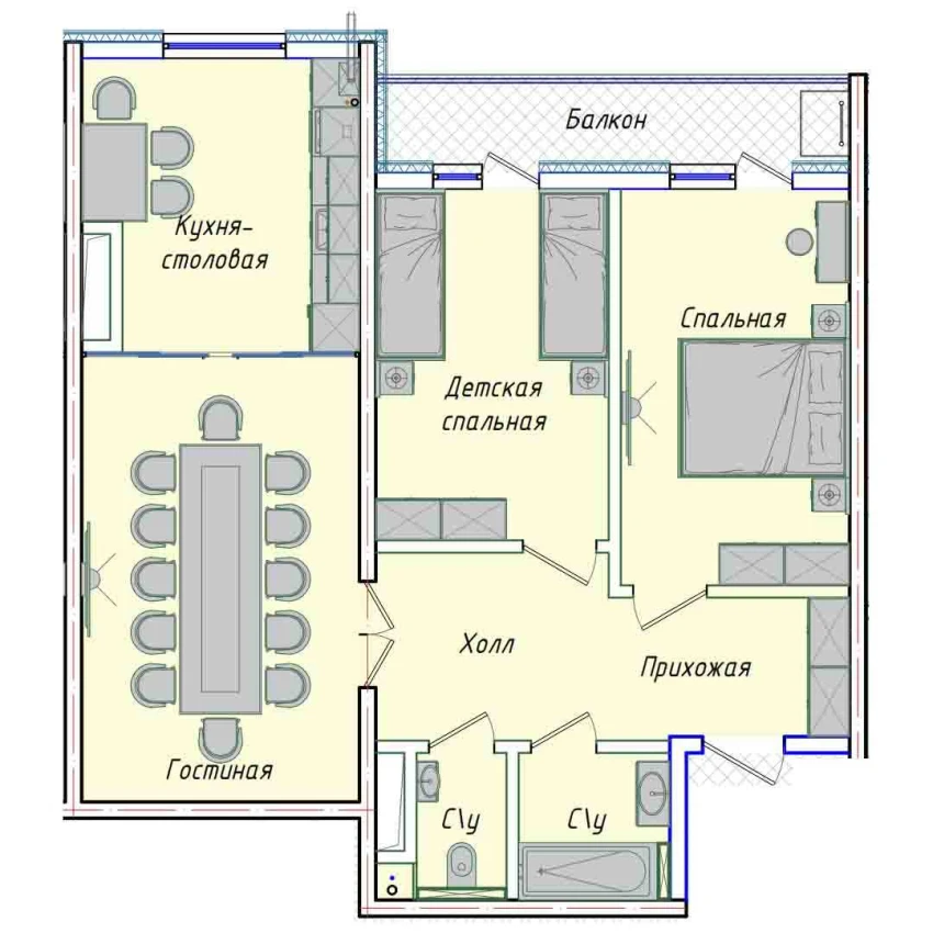 3-комнатная квартира 74.14 м²  14/14 этаж