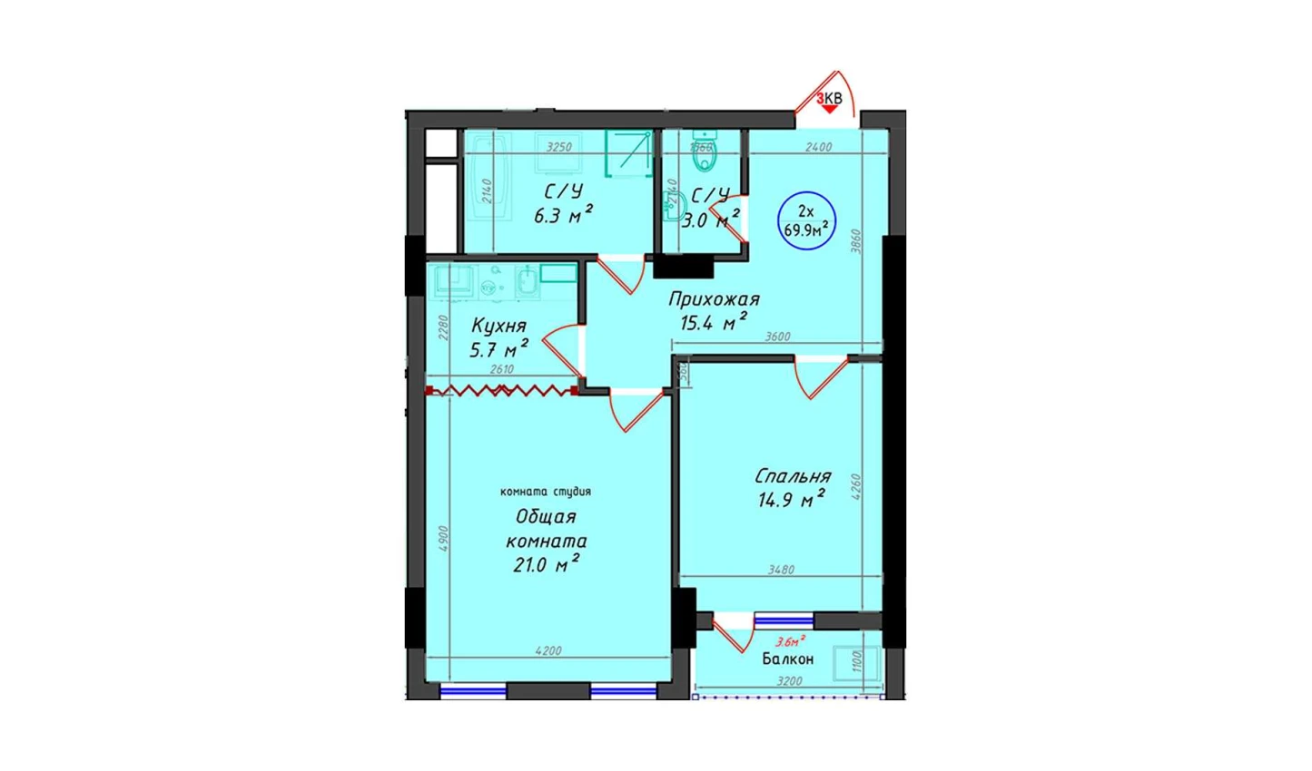 2-xonali xonadon 69.9 m²  20/20 qavat