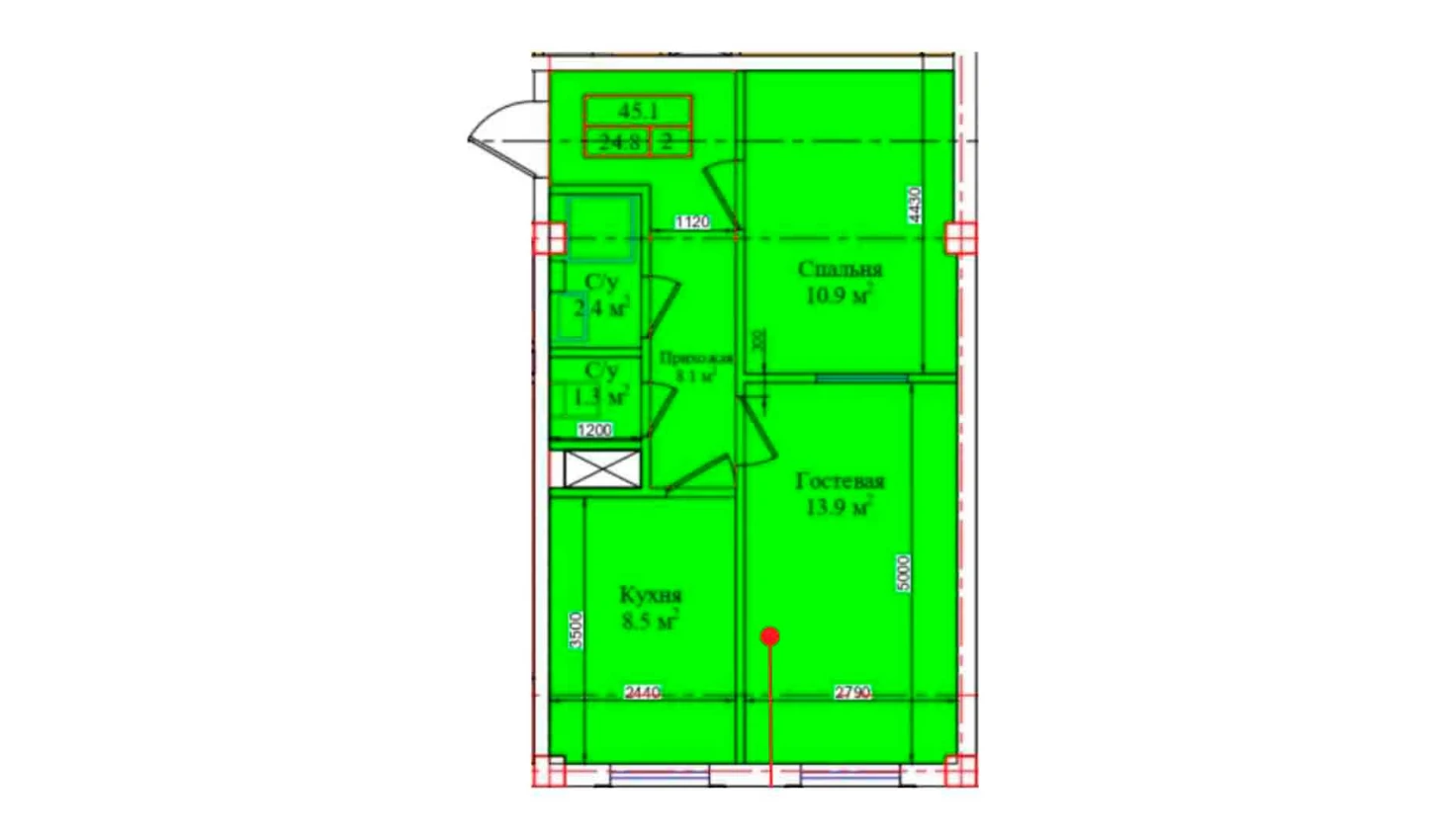 2-комнатная квартира 45.1 м²  1/1 этаж