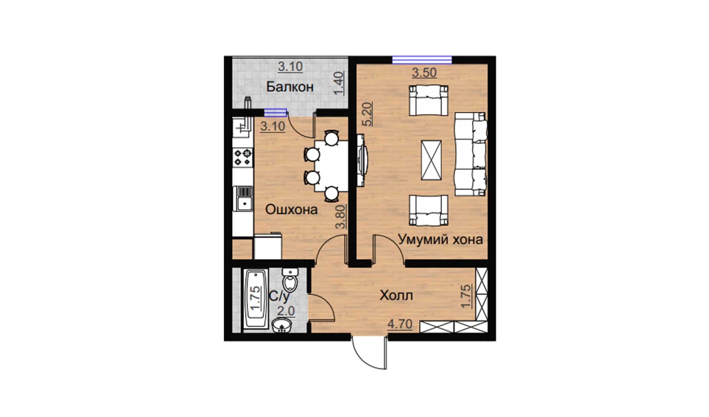 1-комнатная квартира 51.17 м²  7/7 этаж